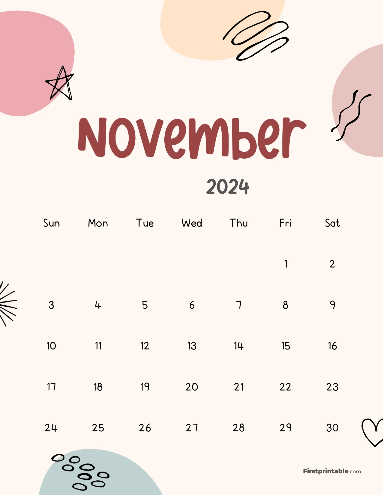 November 2024 Cute Abstract Calendar - Aesthetic Design