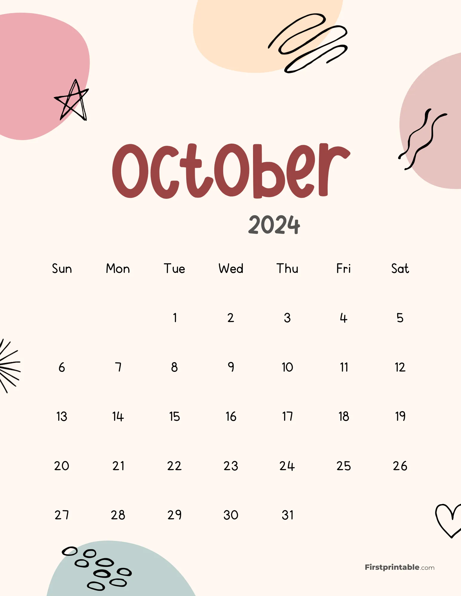 October 2024 Cute Abstract Calendar - Aesthetic Design