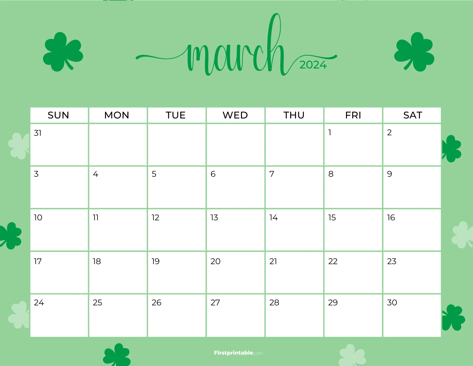 Printable March Calendar 2024 St Patrick's Template 32