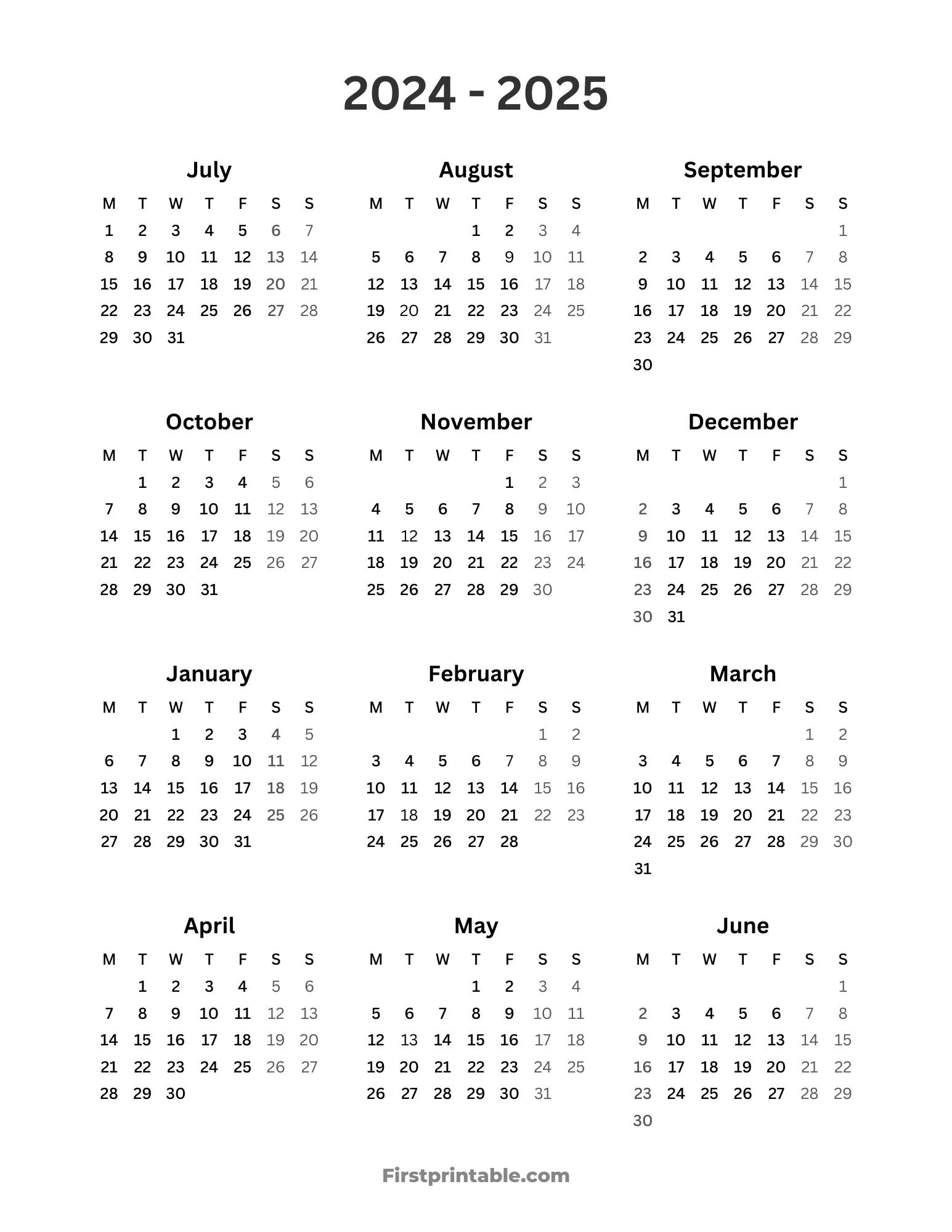 2024-2025 School Calendar - Monday Start