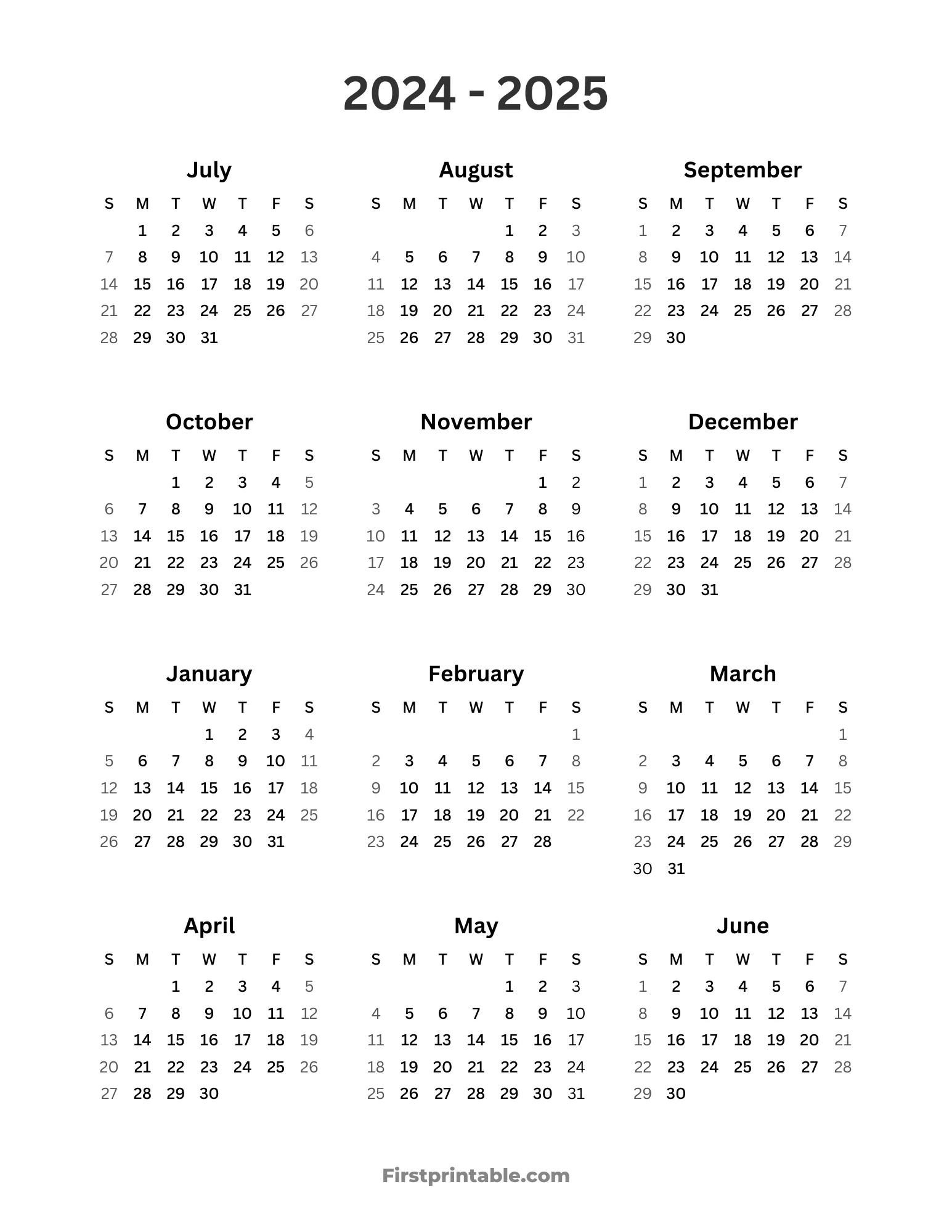 2024-2025 School Calendar - Sunday Start