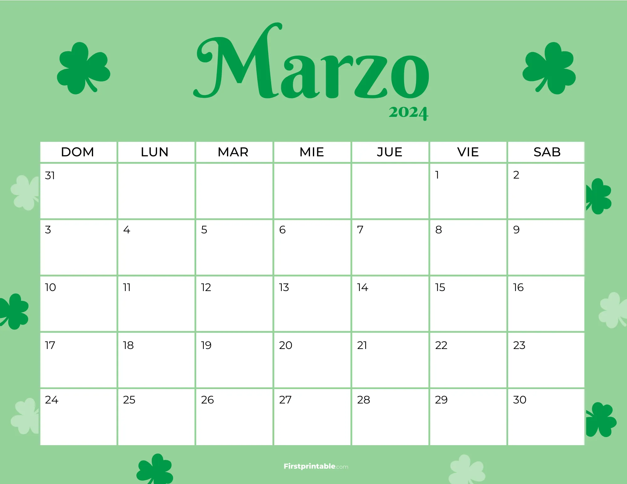 Spanish Printable March Calendar 2024 St. Patrick's Template 36