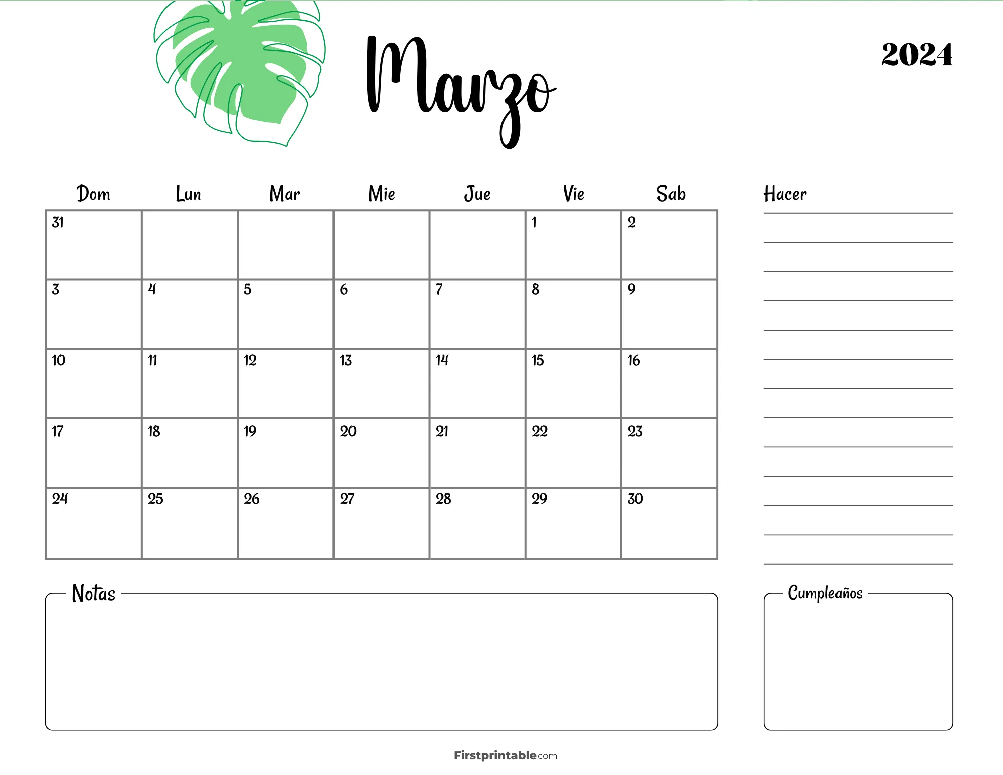 Spanish Printable March Calendar 2024 Template 37
