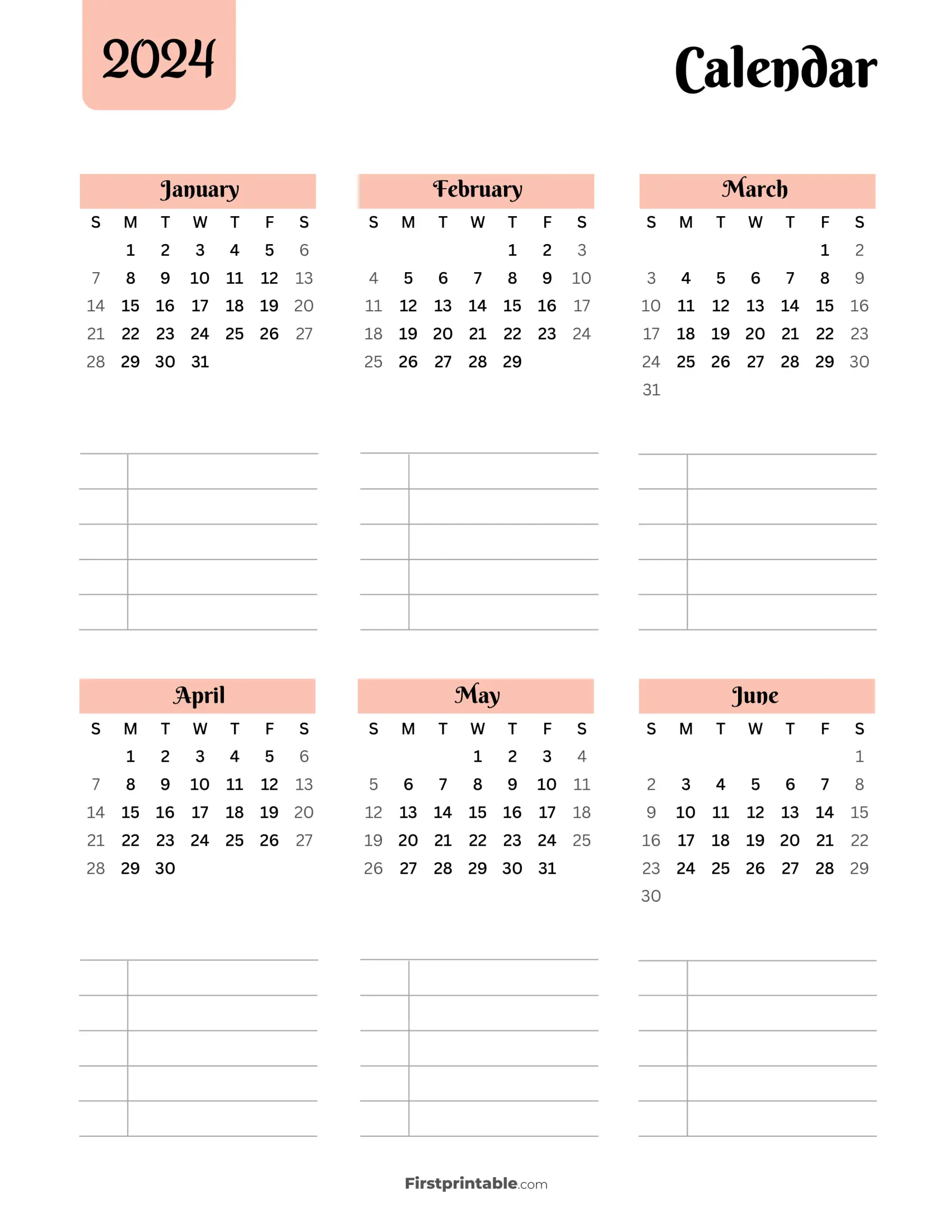 Year Calendar 2024 planner Aesthetic Jan - June