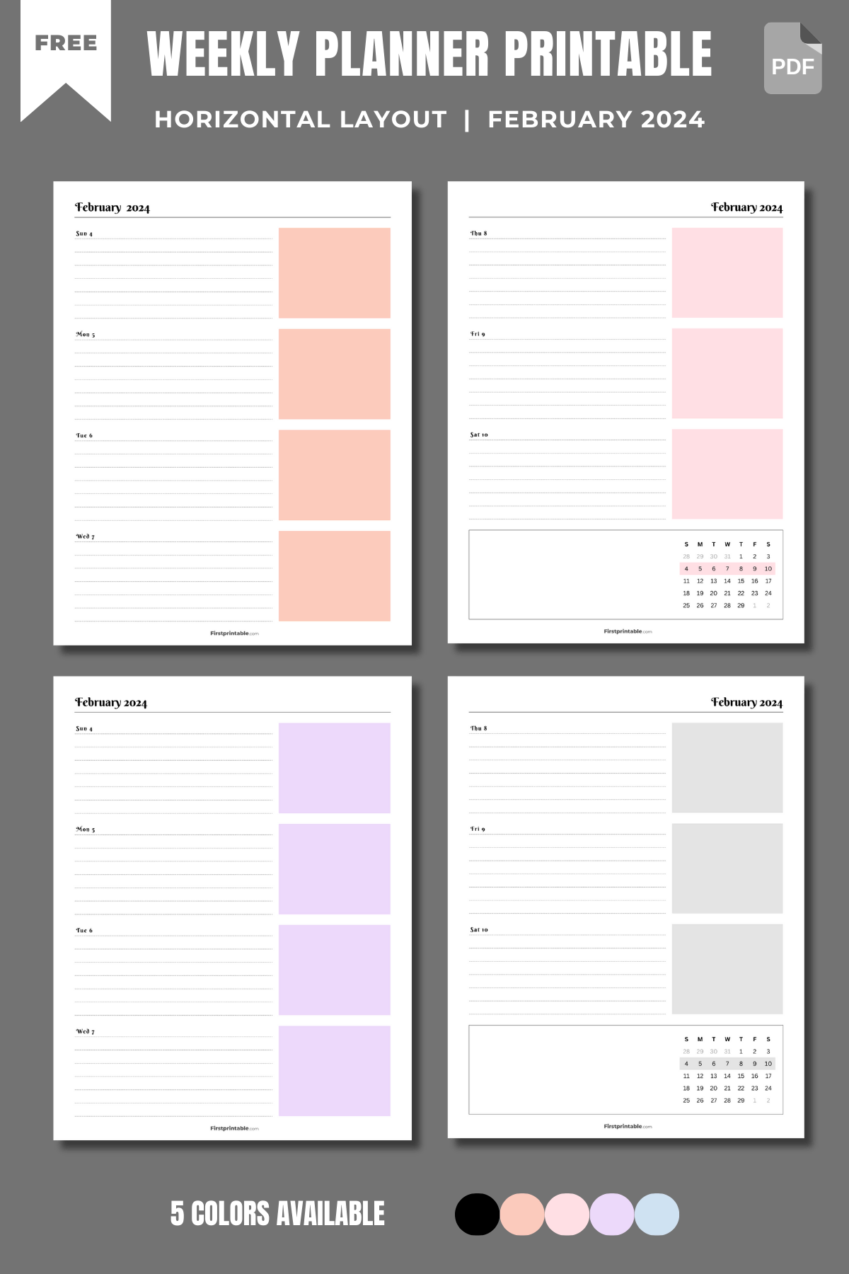 horizontal weekly planner pages february 2024, week on 2 pages
