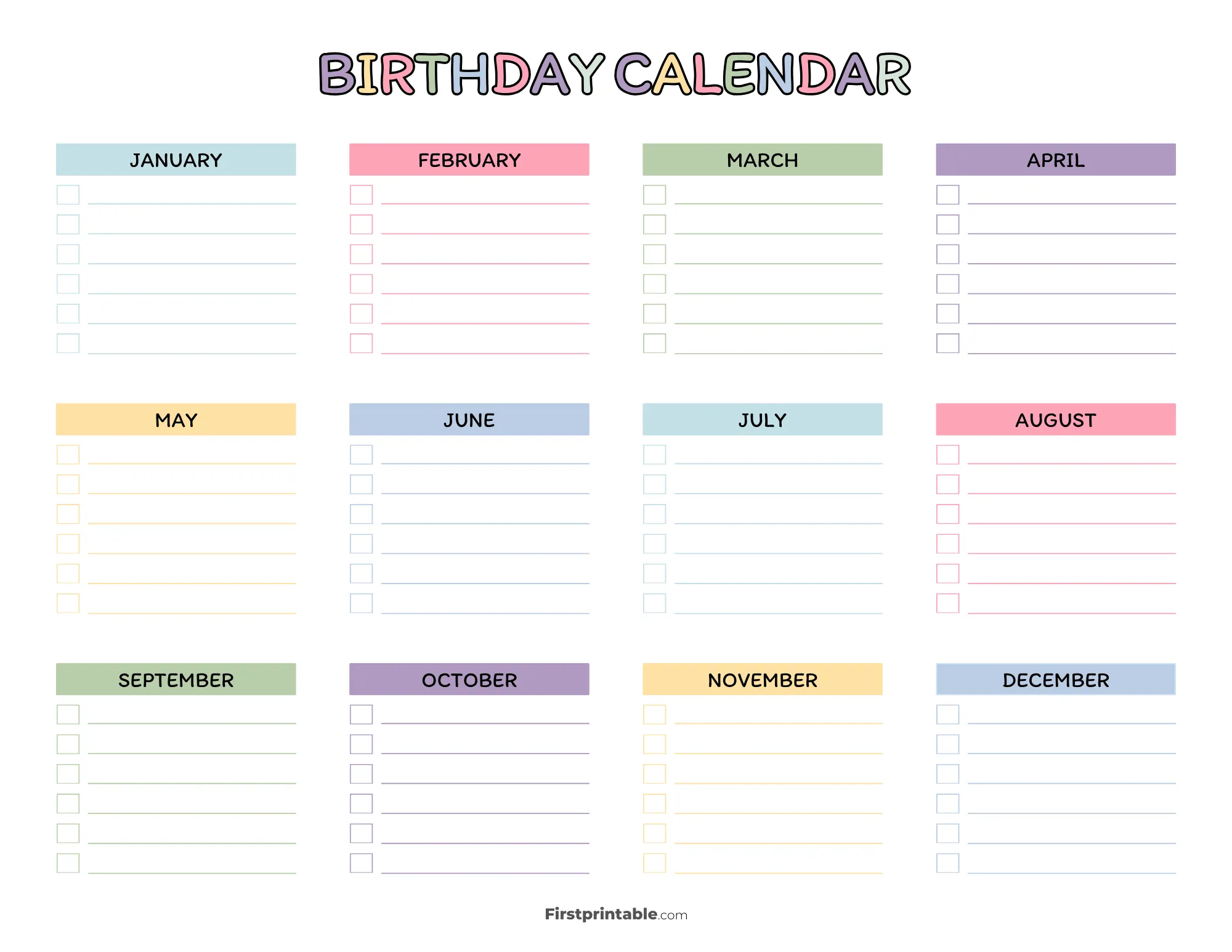 Birthday Calendar Printable Template 24