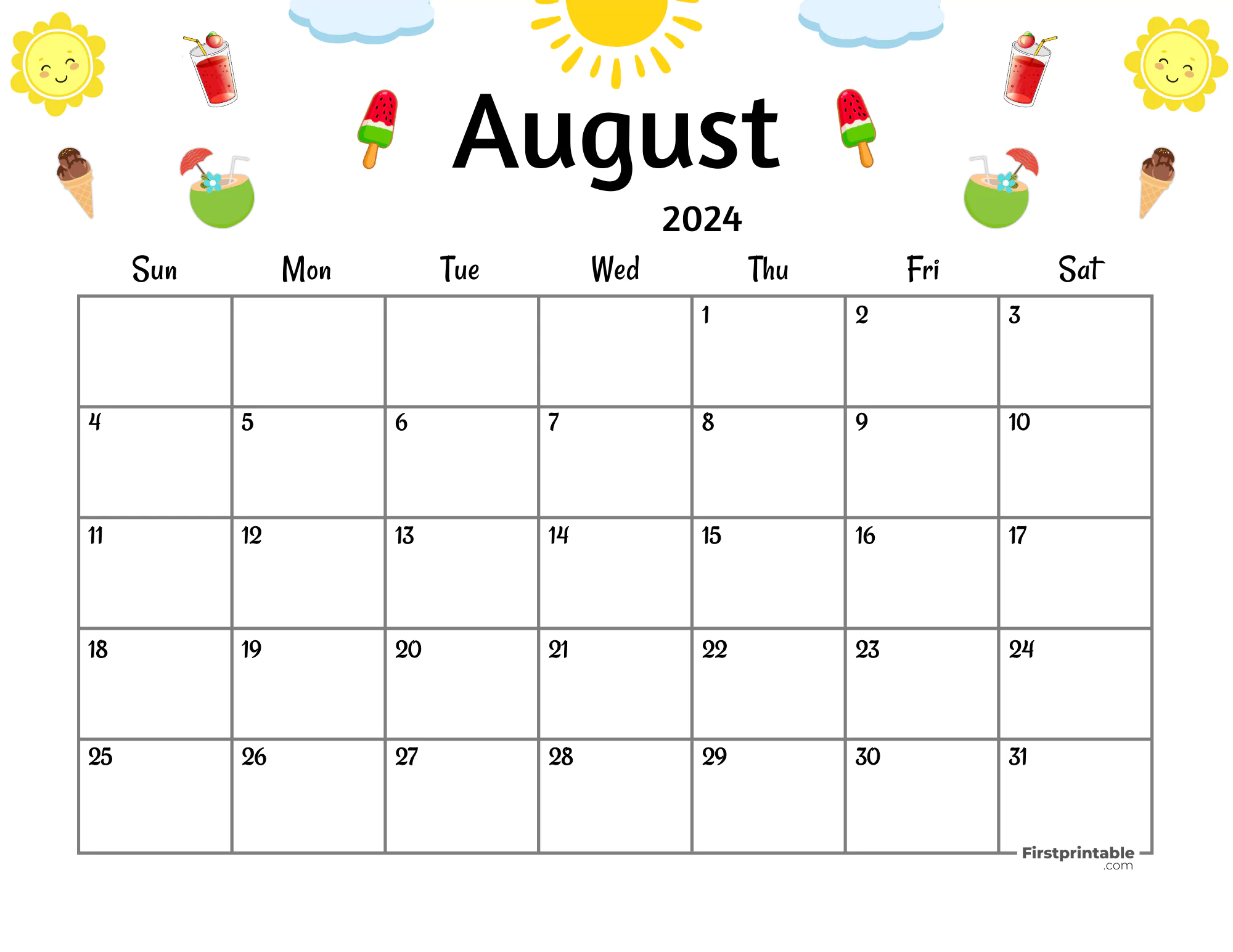 Free Printable & Fillable August 2024 Calendar Summer Themed with US holidays