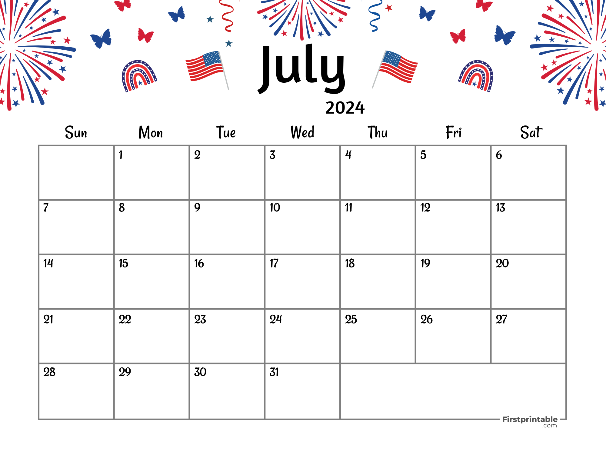 Free Printable & Fillable July 2024 Calendar Independence Day with US holidays