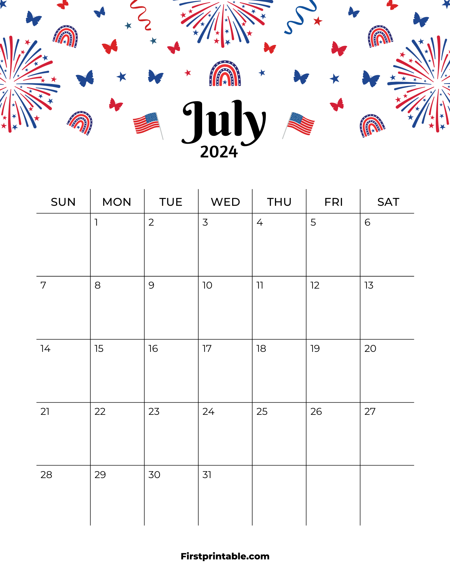 Free Printable & Fillable July 2024 Calendar with US holidays
