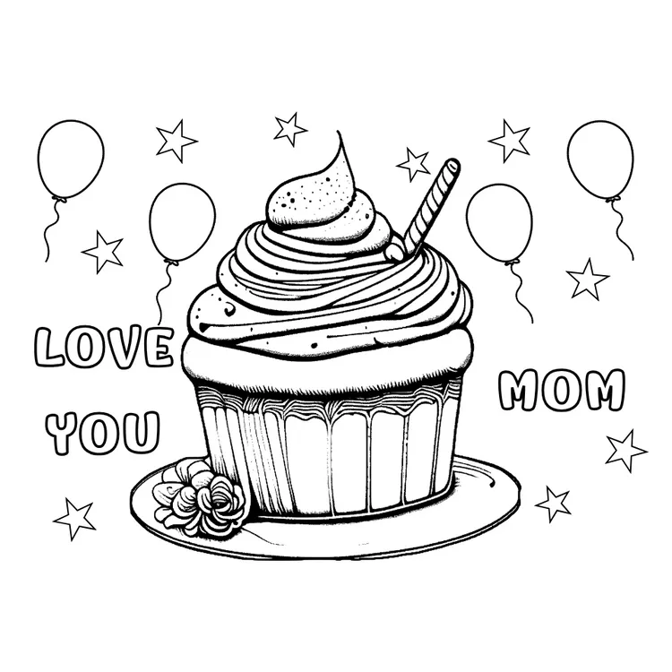 Printable Cup Cake "Love You Mom" card to color