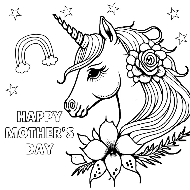 Printable "Happy Mother's Day" Unicorn card to color