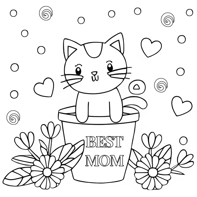 Printable Cat "Best Mom" card to color