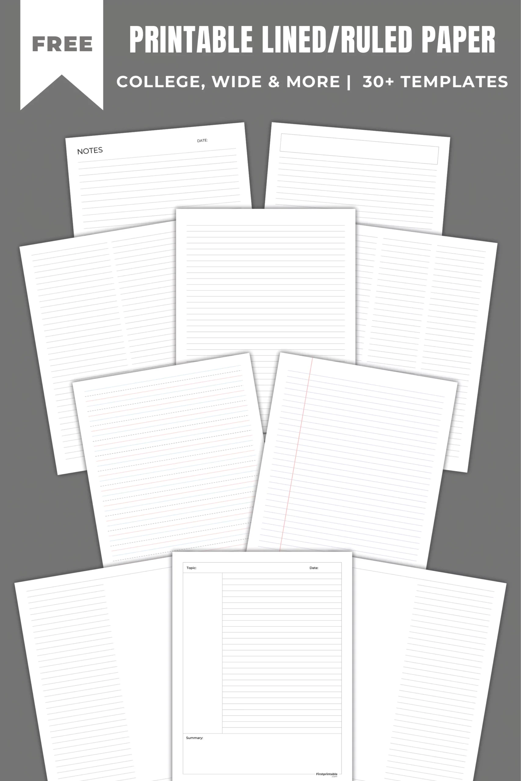 Free Printable Lined Paper - 30 Ruled Templates Montage