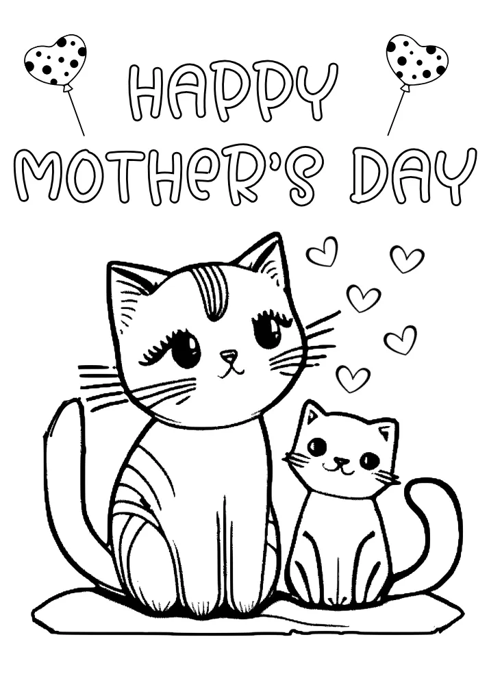 Printable Cat and Kitten "Happy Mothers Day" card to color