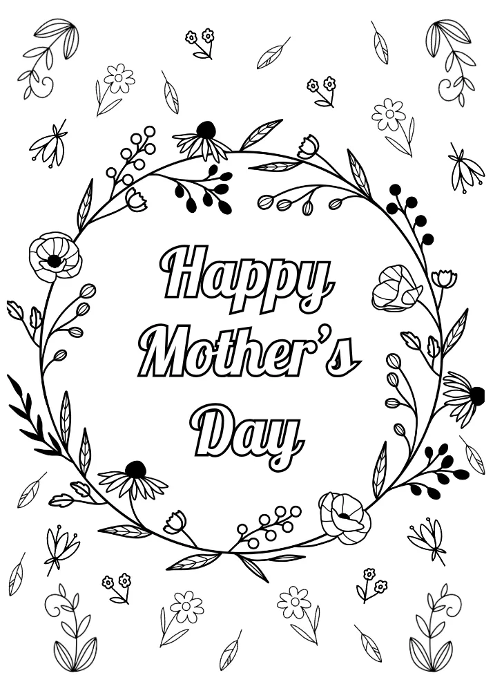 Printable Flower frame "Happy Mothers Day" card to color
