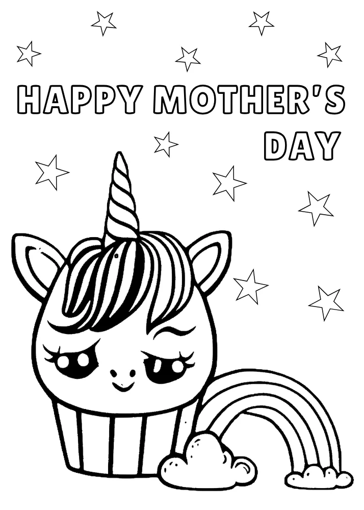 Printable Unicorn and Stars "Happy Mothers Day" card to color
