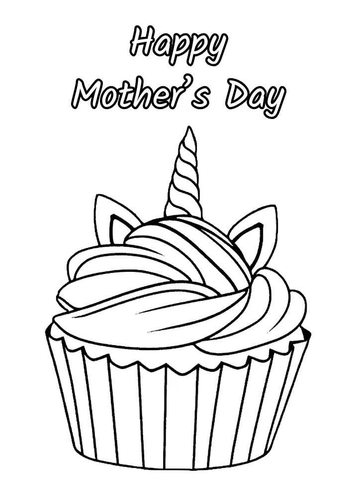 Printable Unicorn cupcake "Happy Mothers Day" card to color