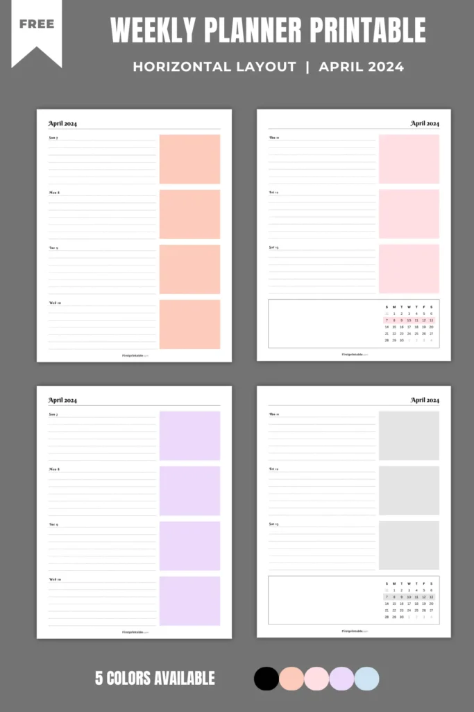 Printable Horizontal Weekly Planner Pages – April 2024