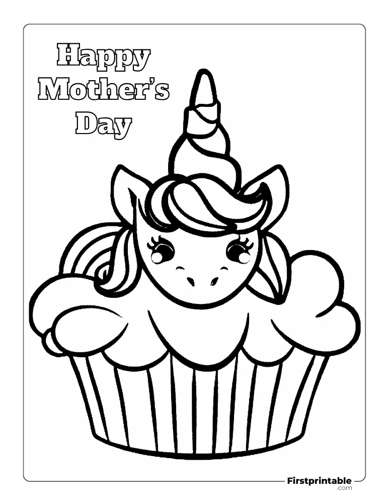 "Happy Mother's Day" Unicorn face Cup Cake Coloring Page