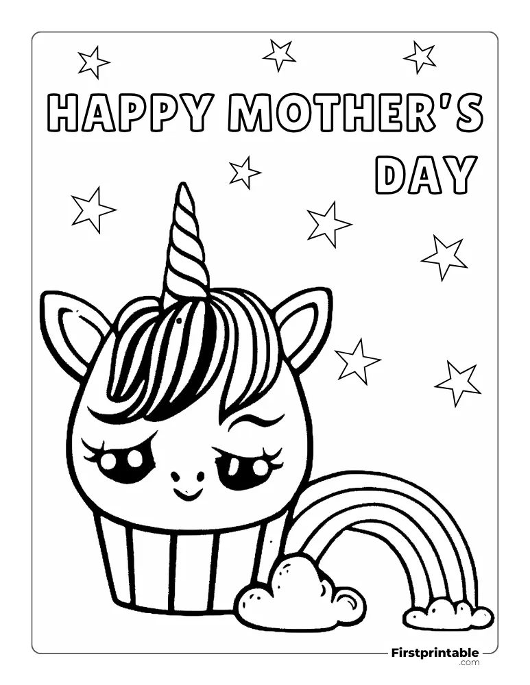 "Happy Mother's Day" Unicorn & Stars Coloring Page