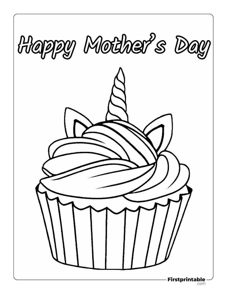 "Happy Mother's Day" Unicorn Cup cake Coloring Page