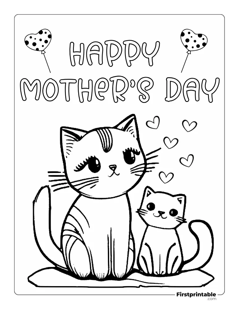 "Happy Mother's Day" Cat and Kitten Coloring Page