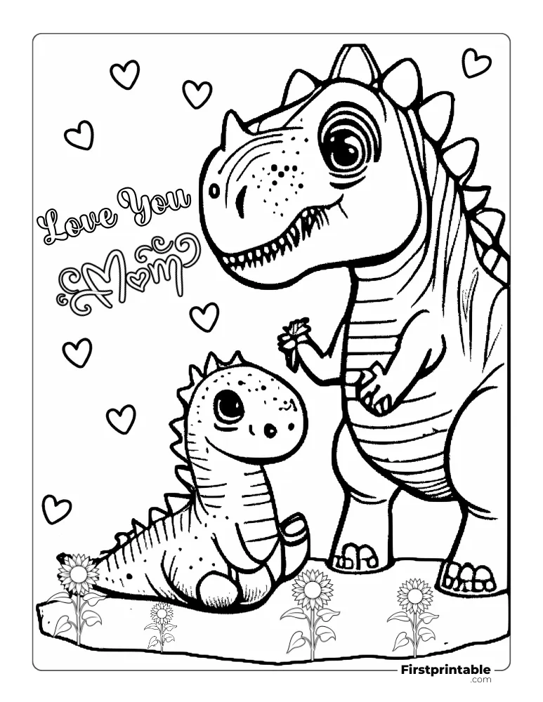 "Love your Mom" Dinosaurs and his baby Coloring Page