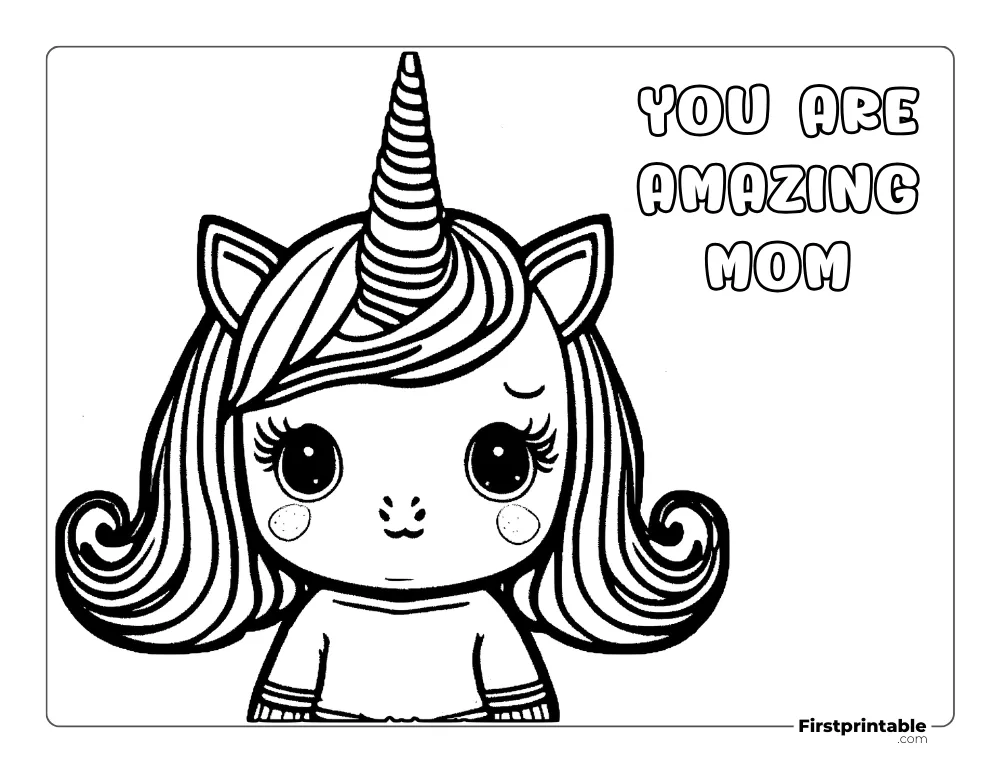 "You are Amazing Mom" Unicorn girl Coloring Page
