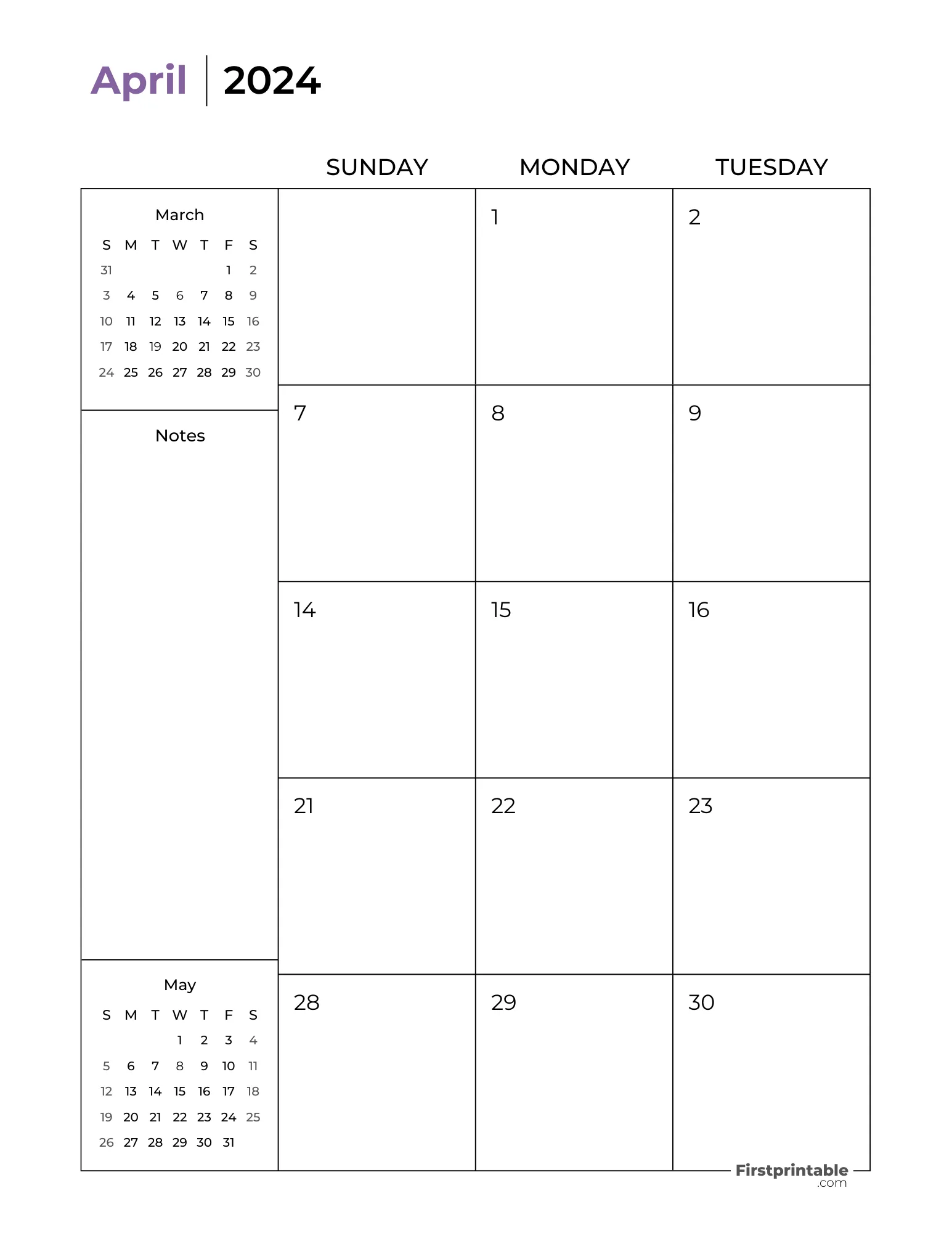 Printable April Calendar 2024 Two Page Template 21