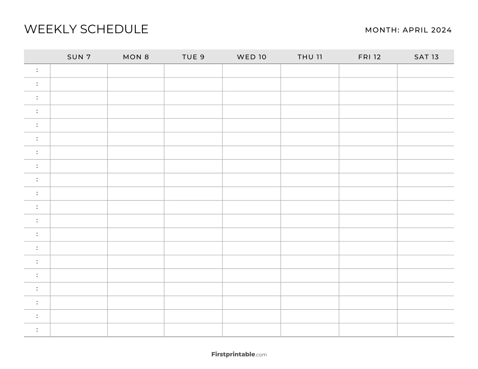 Printable Weekly Schedule Template April 2024 - Grey
