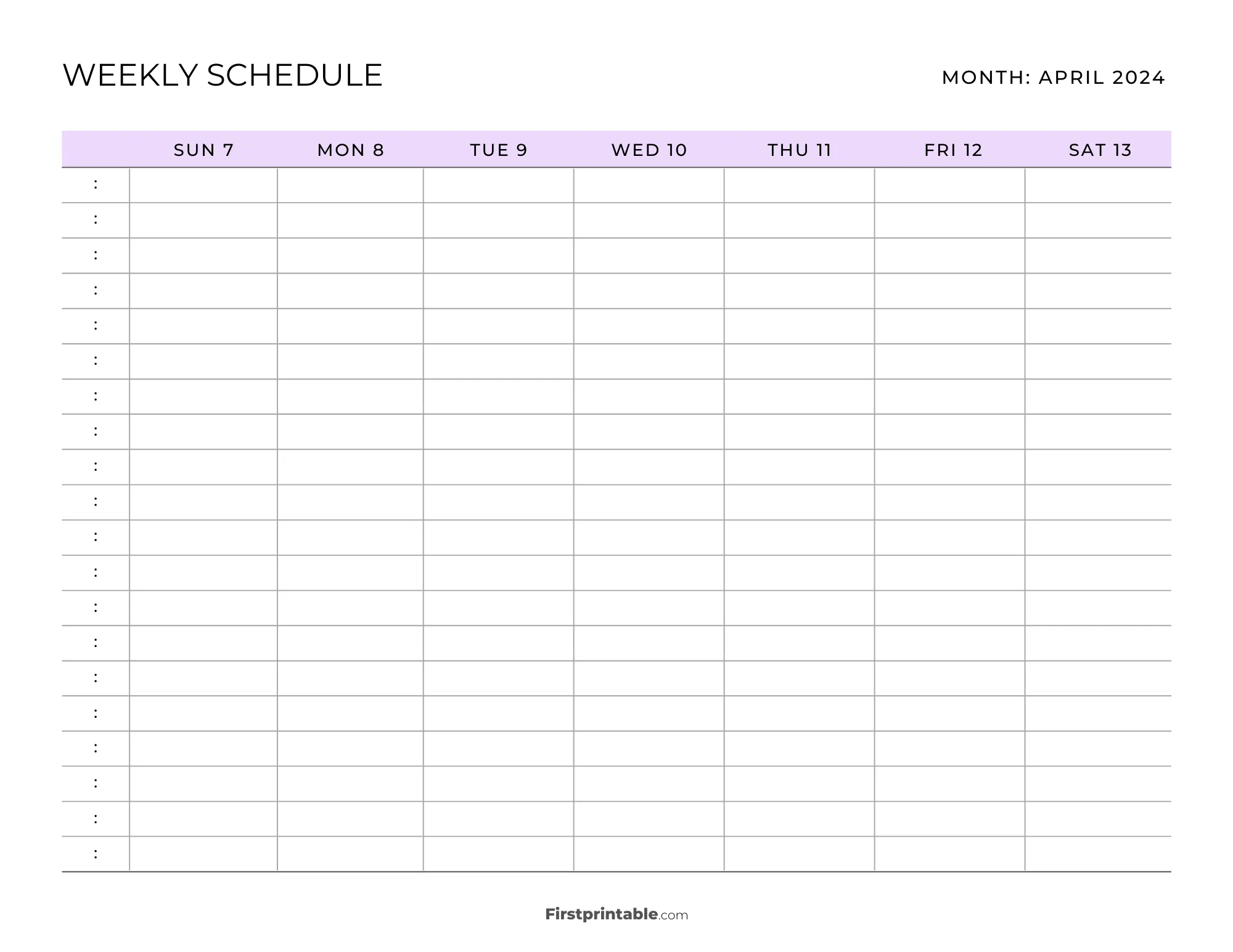 Printable Weekly Schedule Template April 2024 - Purple