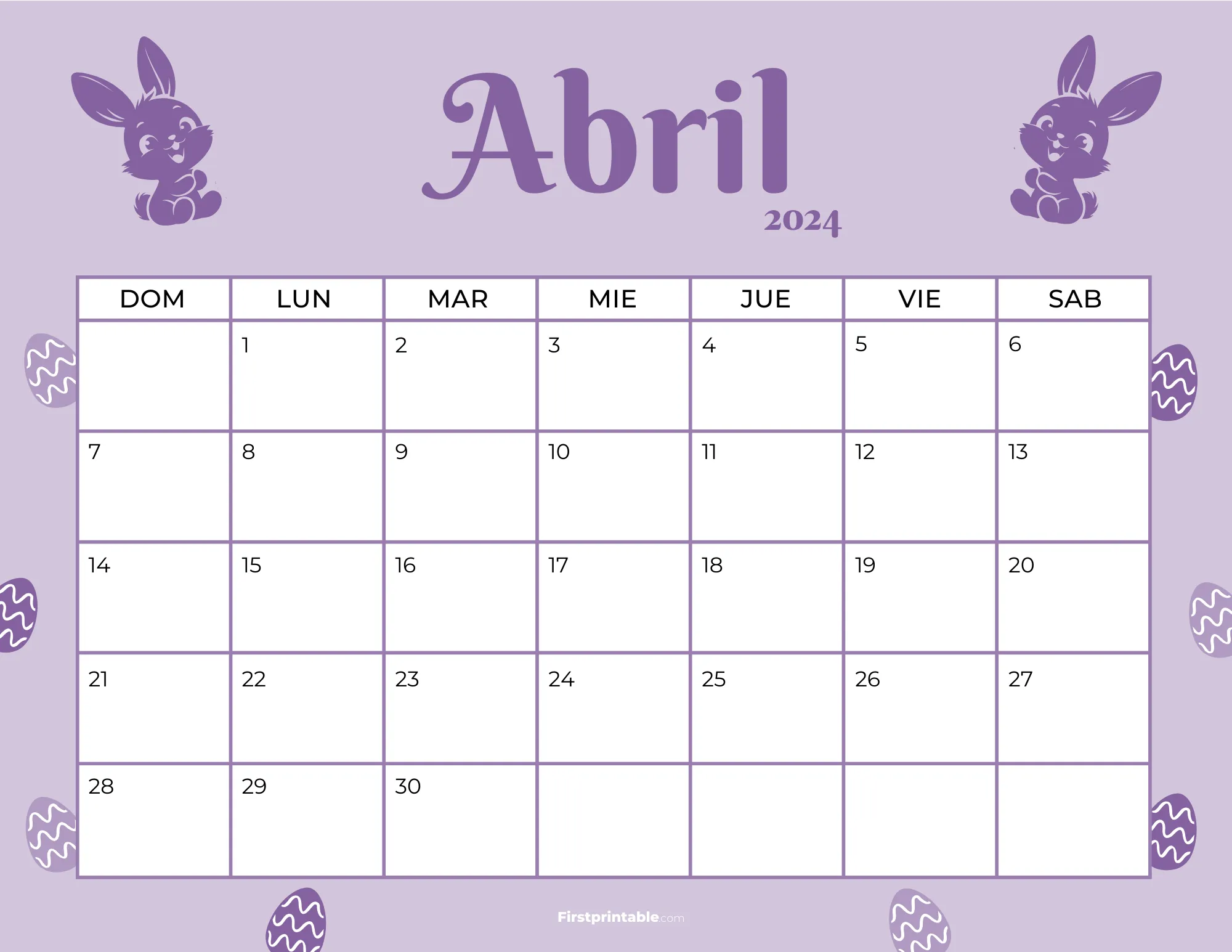 Spanish Printable April Calendar 2024 Easter Template 36