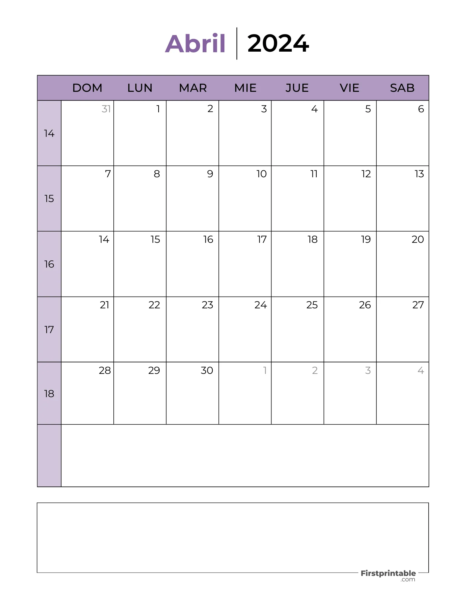 Spanish Printable April Calendar 2024 Template 26