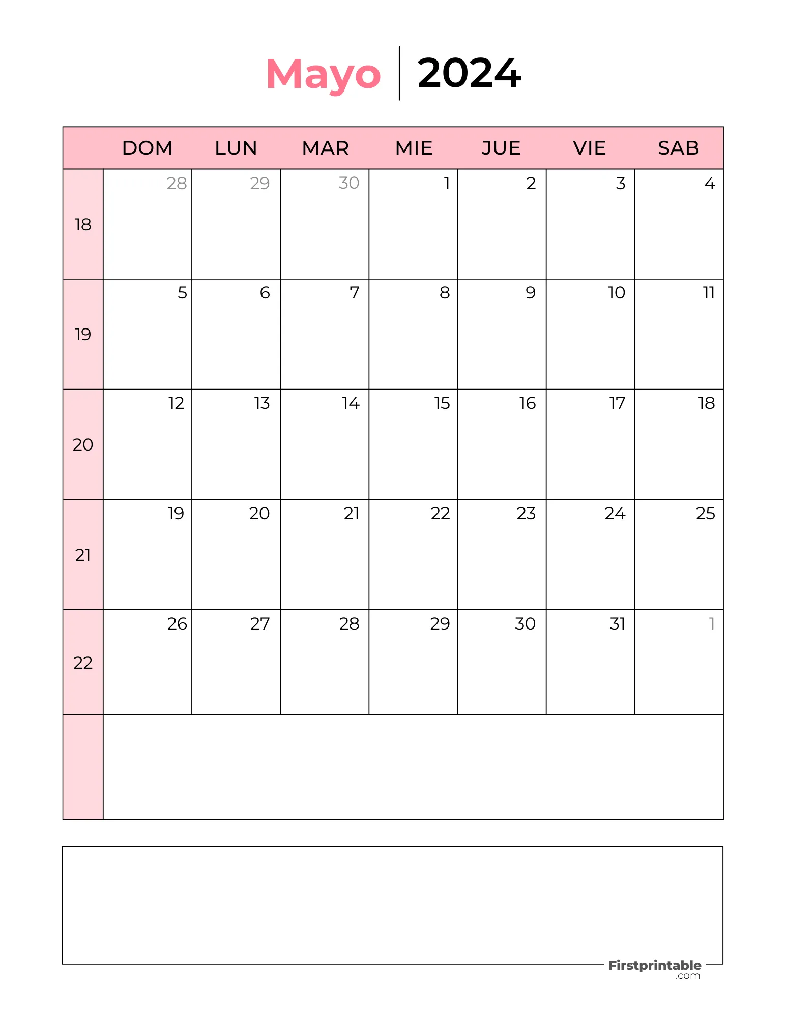 Spanish Printable May Calendar 2024 Template 26