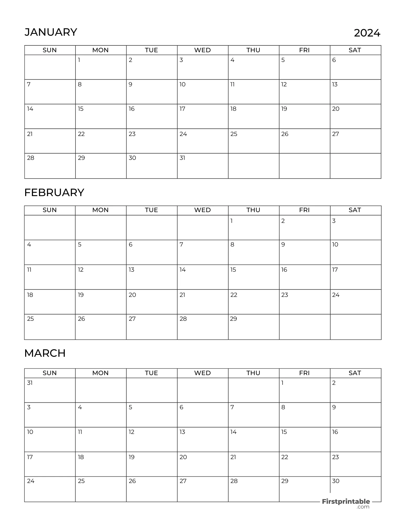 Three month Printable Blank Calendar 2024 Q1 - Template 06