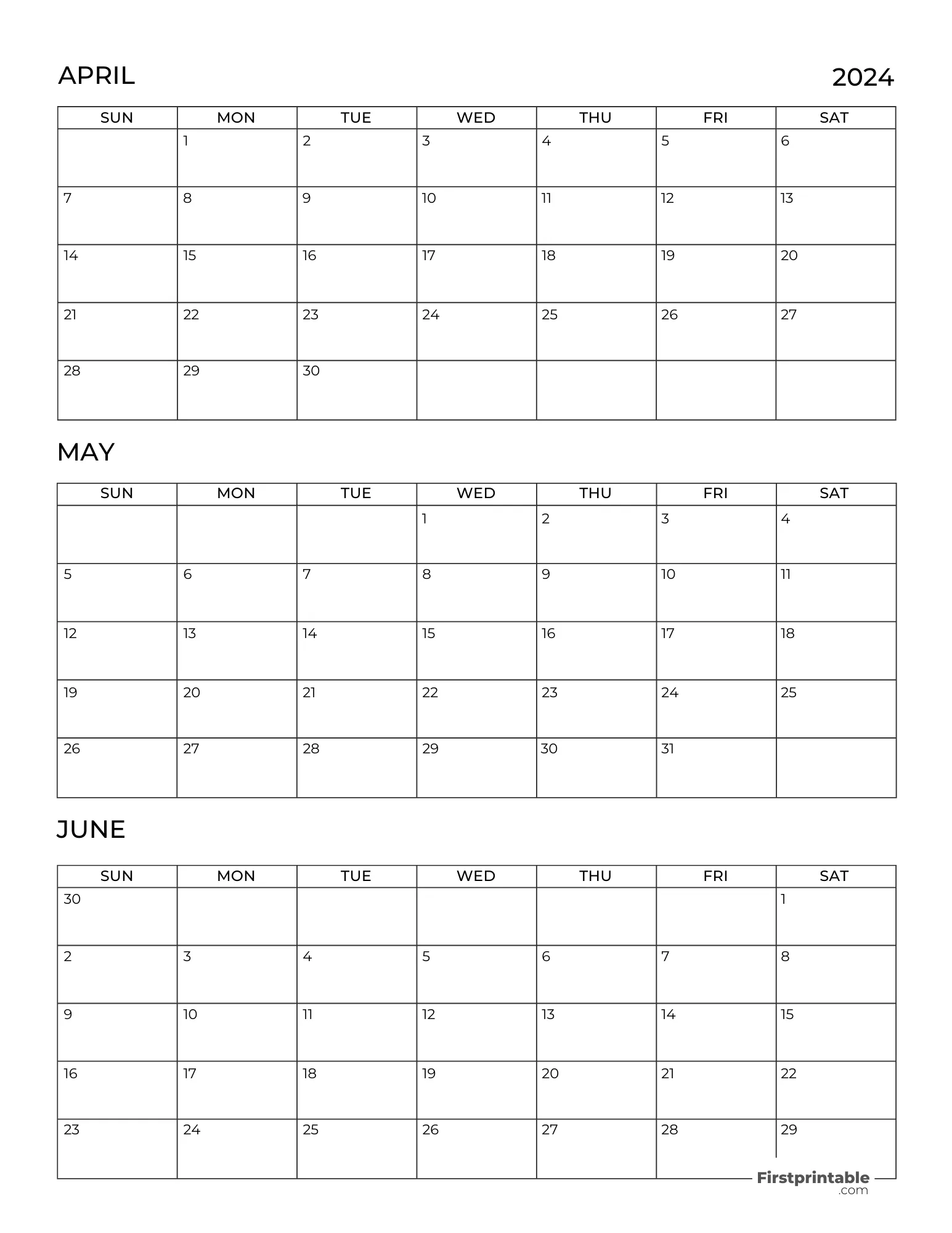 Three month Printable Blank Calendar 2024 Q2 - Template 06