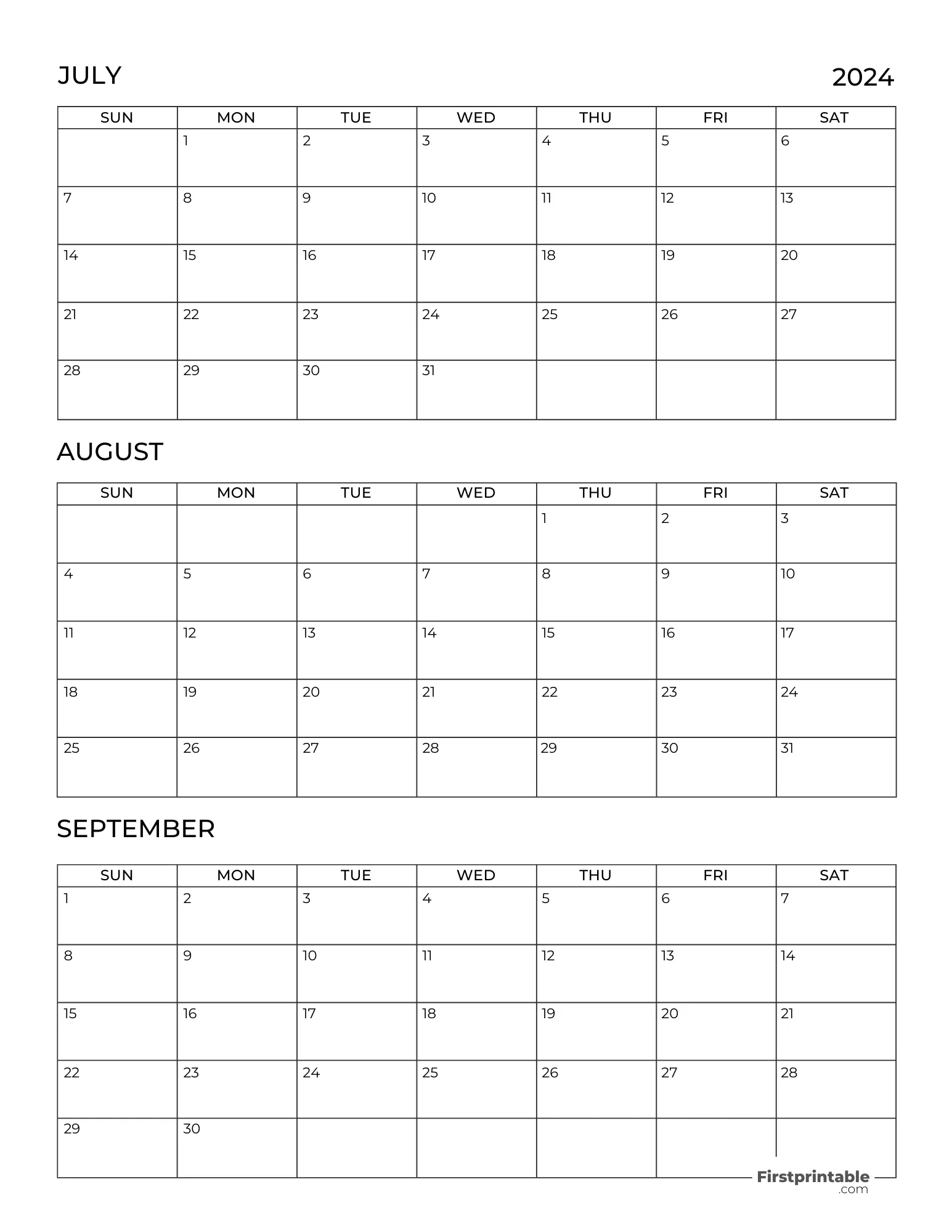 Three month Printable Blank Calendar 2024 Q3 - Template 06