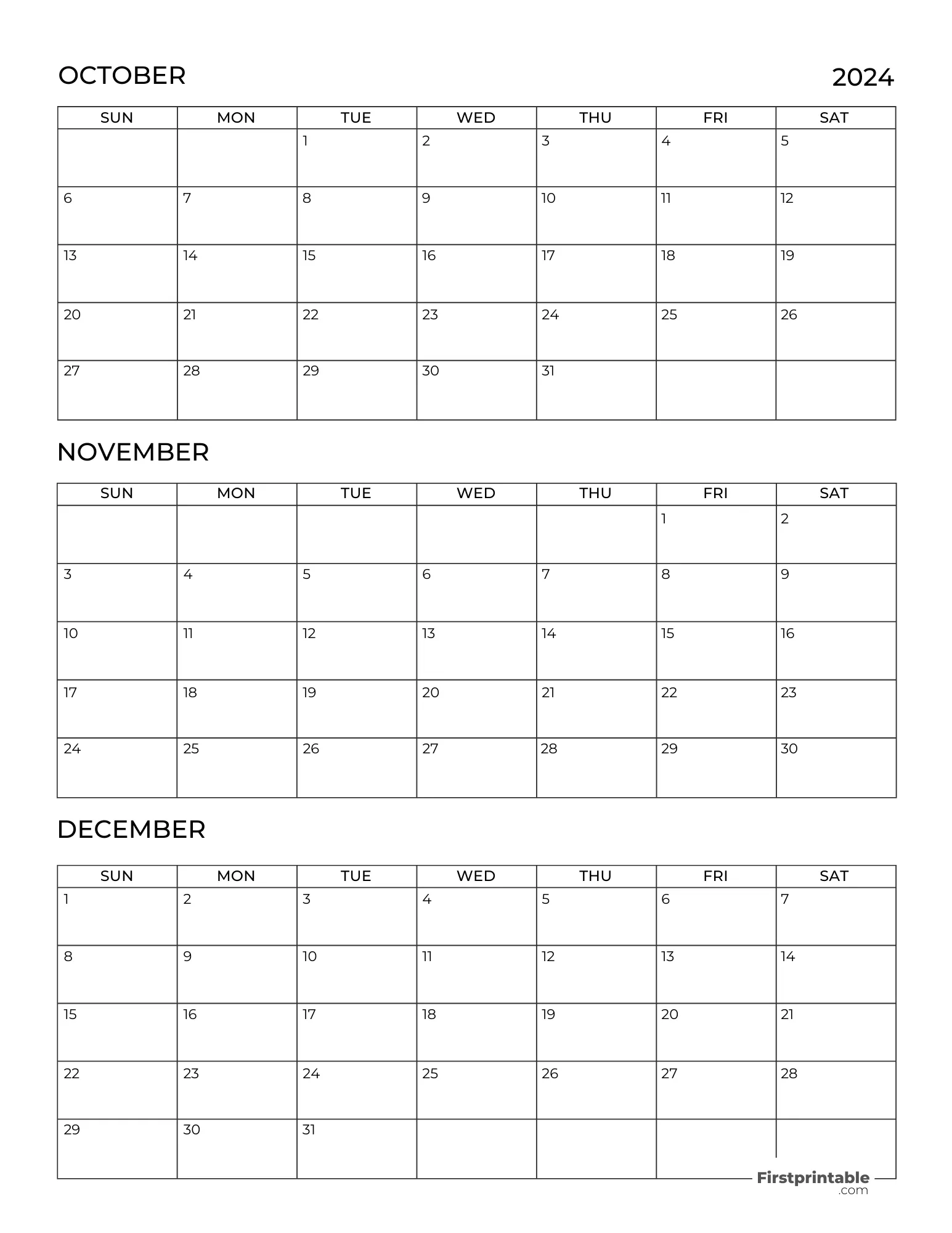 Three month Printable Blank Calendar 2024 Q4 - Template 06