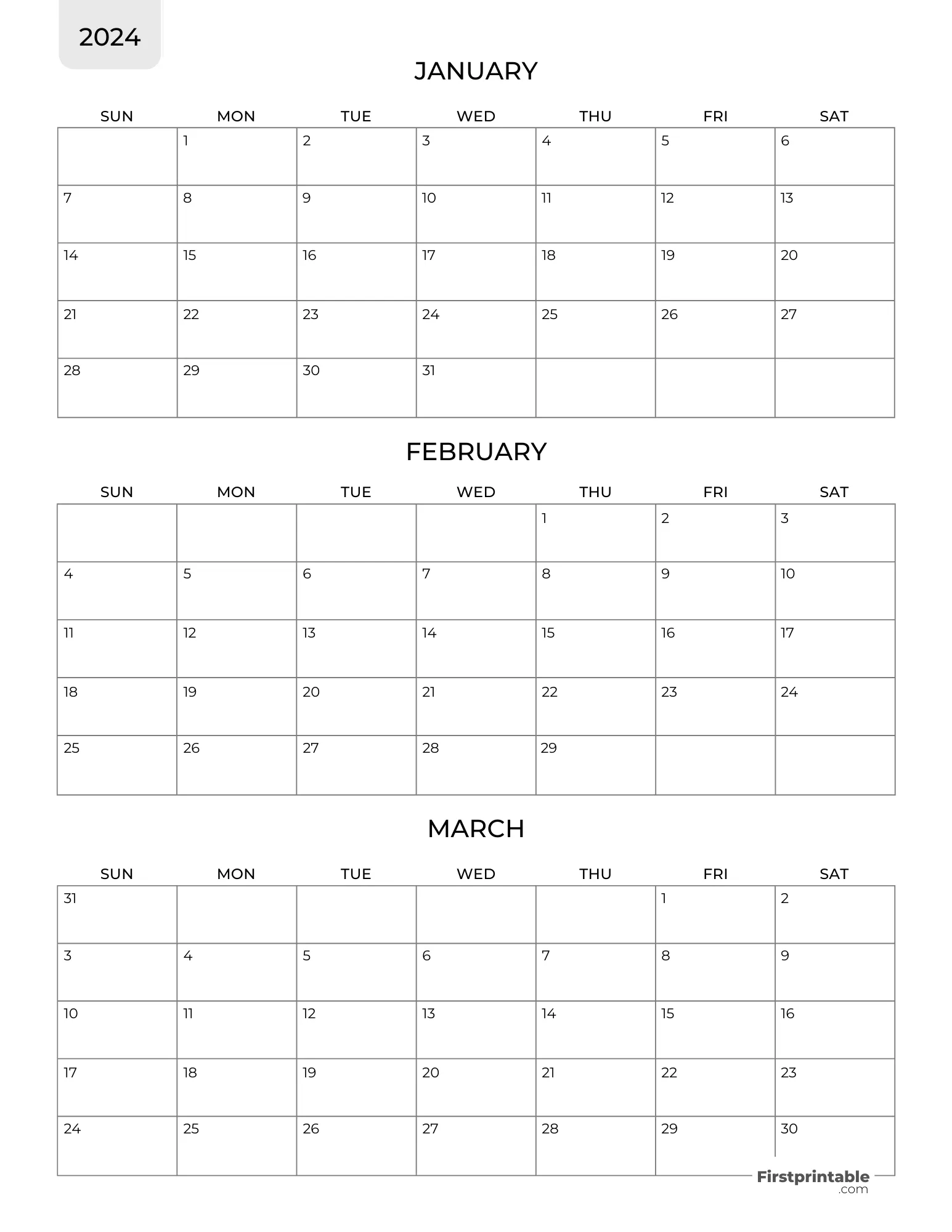 Three month Printable Calendar 2024 Q1 - Template 01