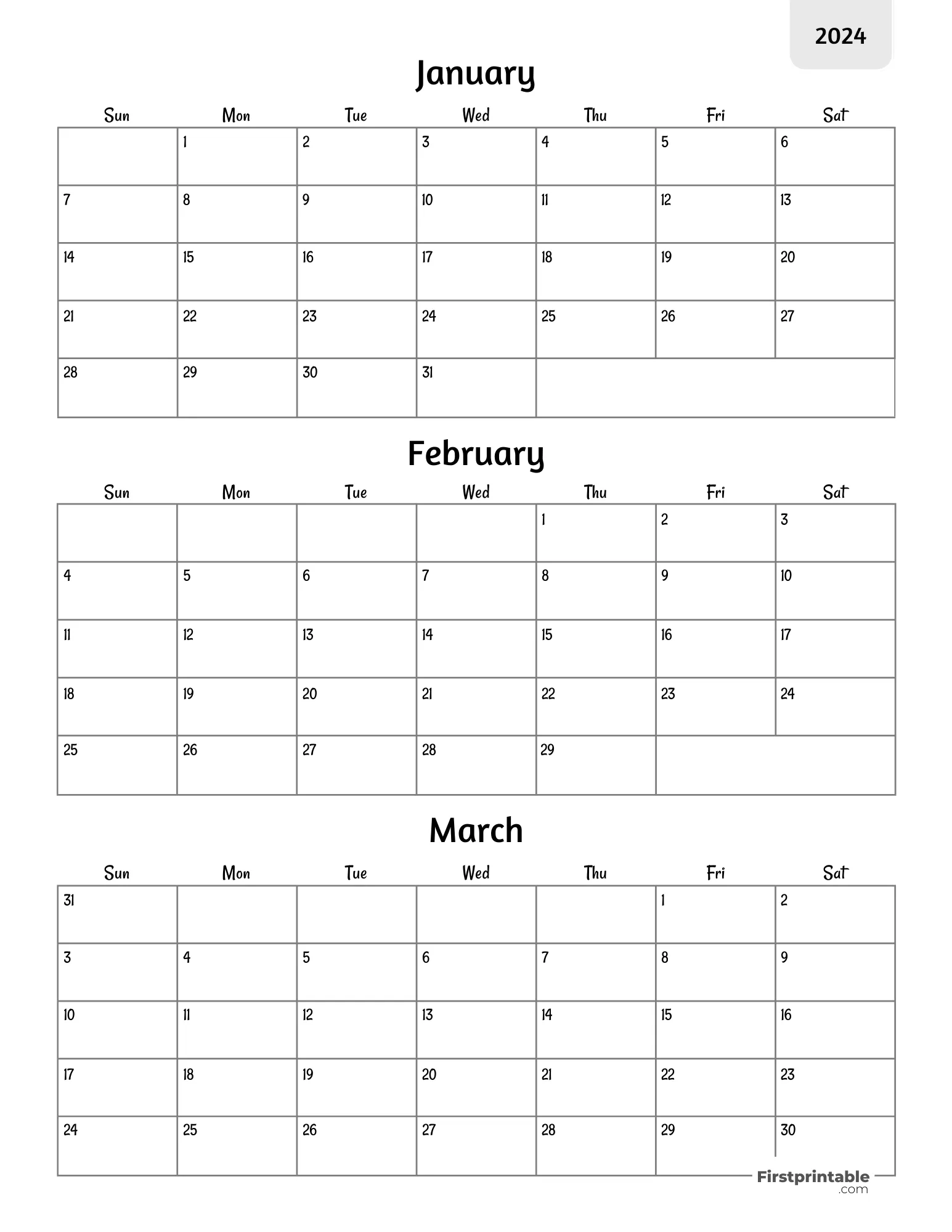 Three month Printable Calendar 2024 Q1 - Template 02