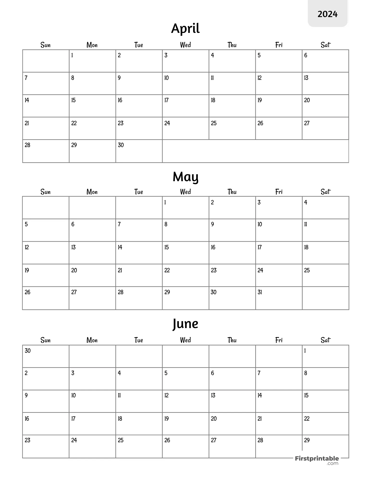 Three month Printable Calendar 2024 Q2 - Template 02