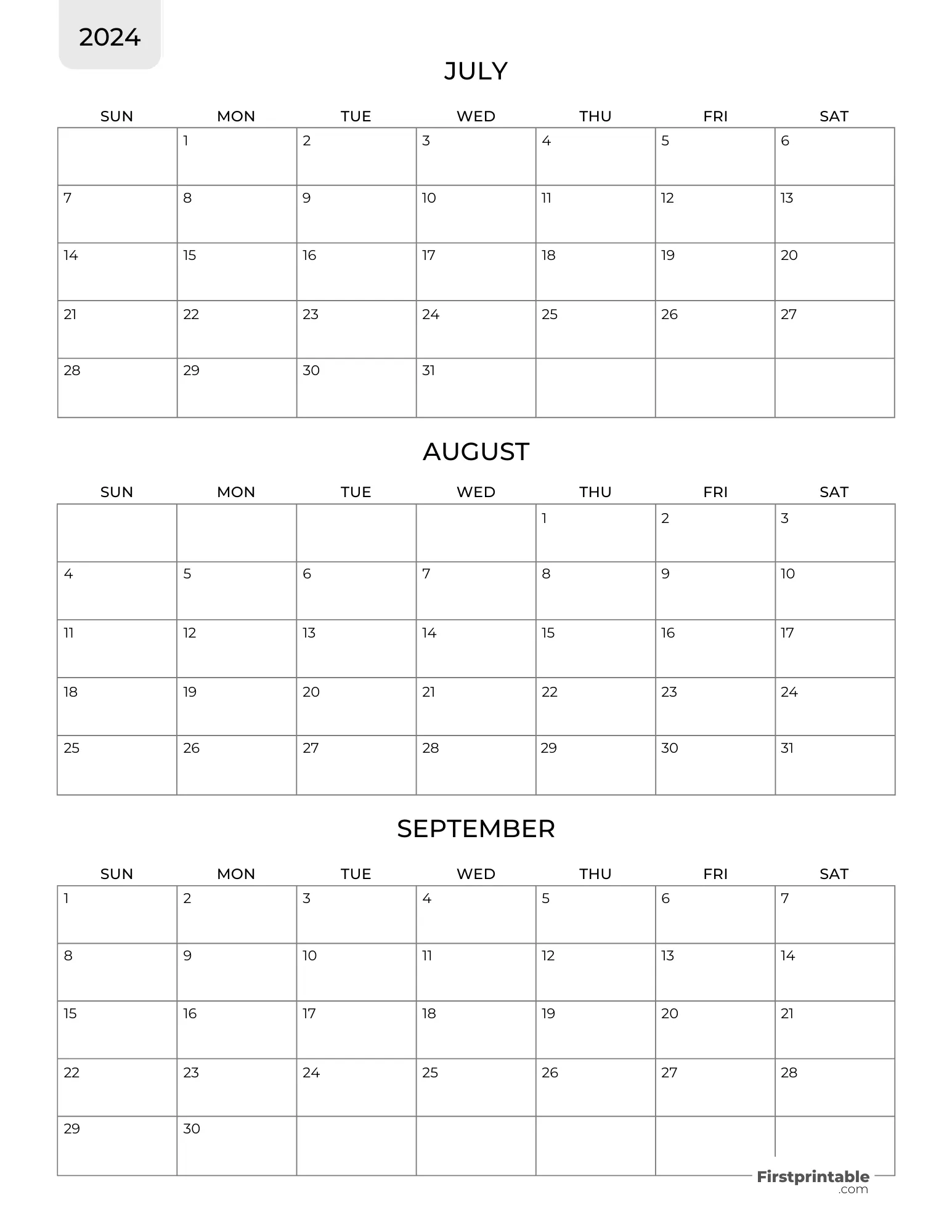 Three month Printable Calendar 2024 Q3 - Template 01