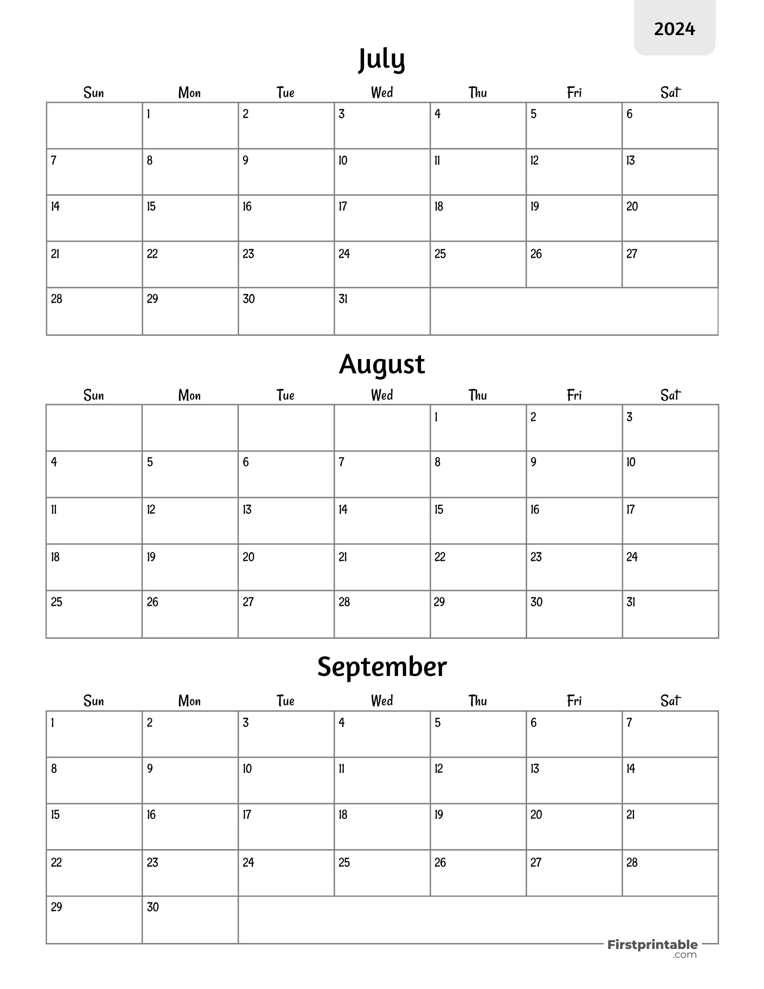 Three month Printable Calendar 2024 Q3 - Template 02