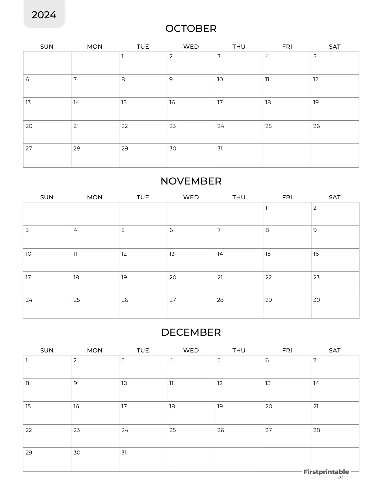 Three month Printable Calendar 2024 Q4 - Template 01