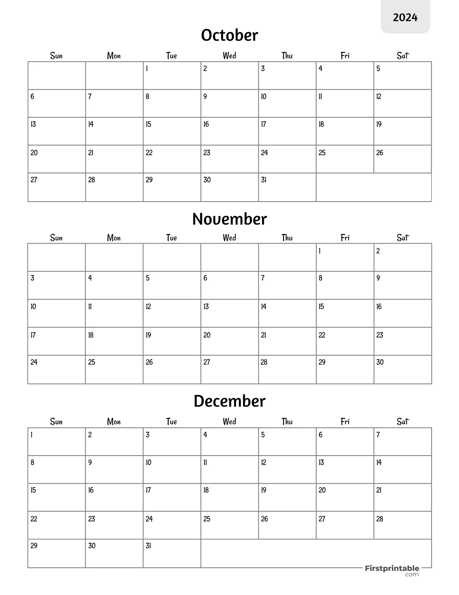 Three month Printable Calendar 2024 Q4 - Template 02