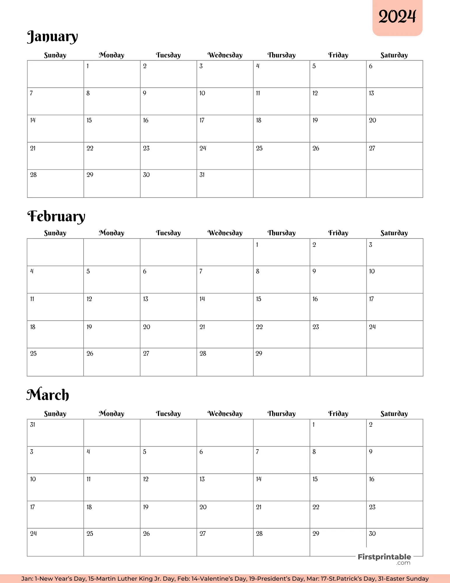 Three month Printable Calendar with holidays 2024 Q1 - Template 03