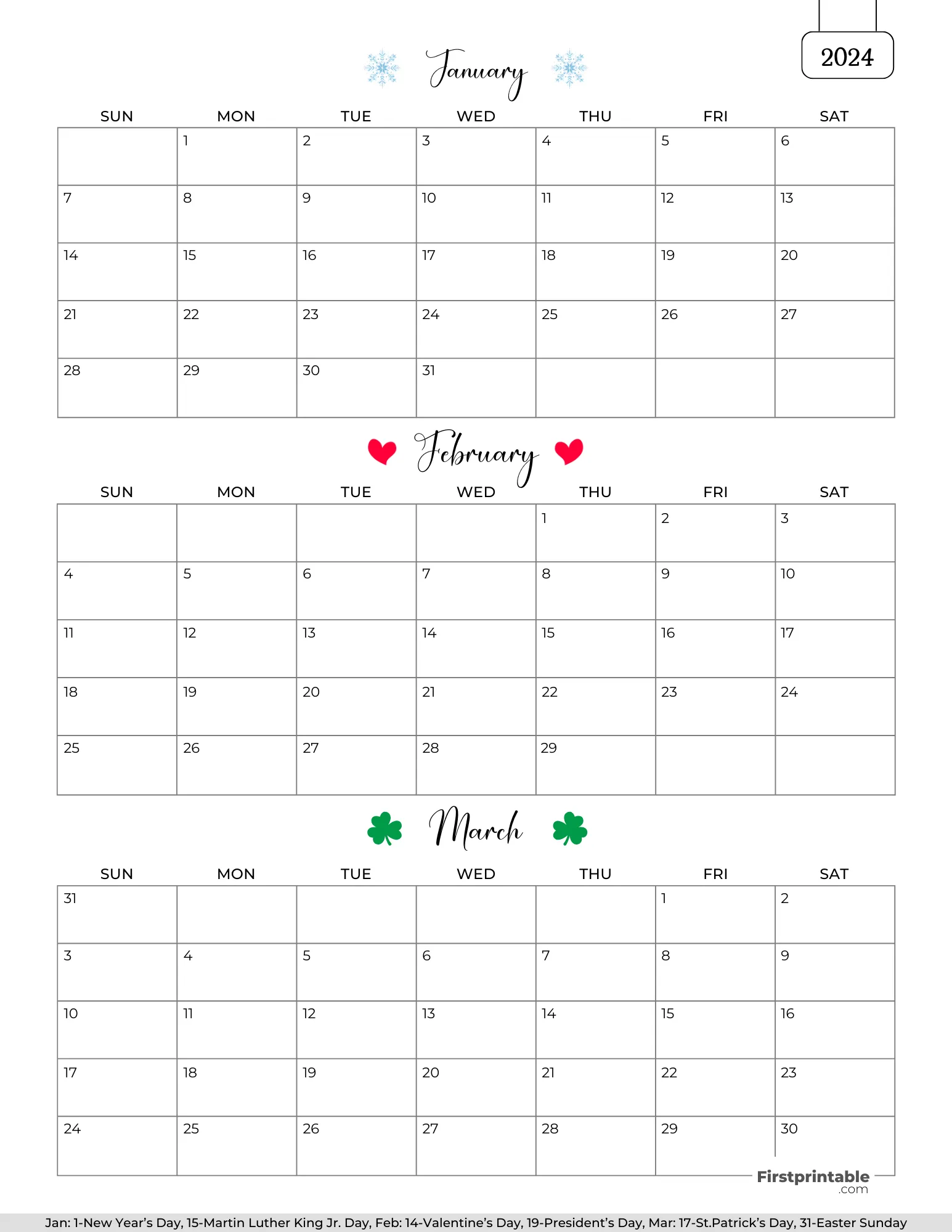 Three month Printable Calendar with holidays 2024 Q1 - Template 04