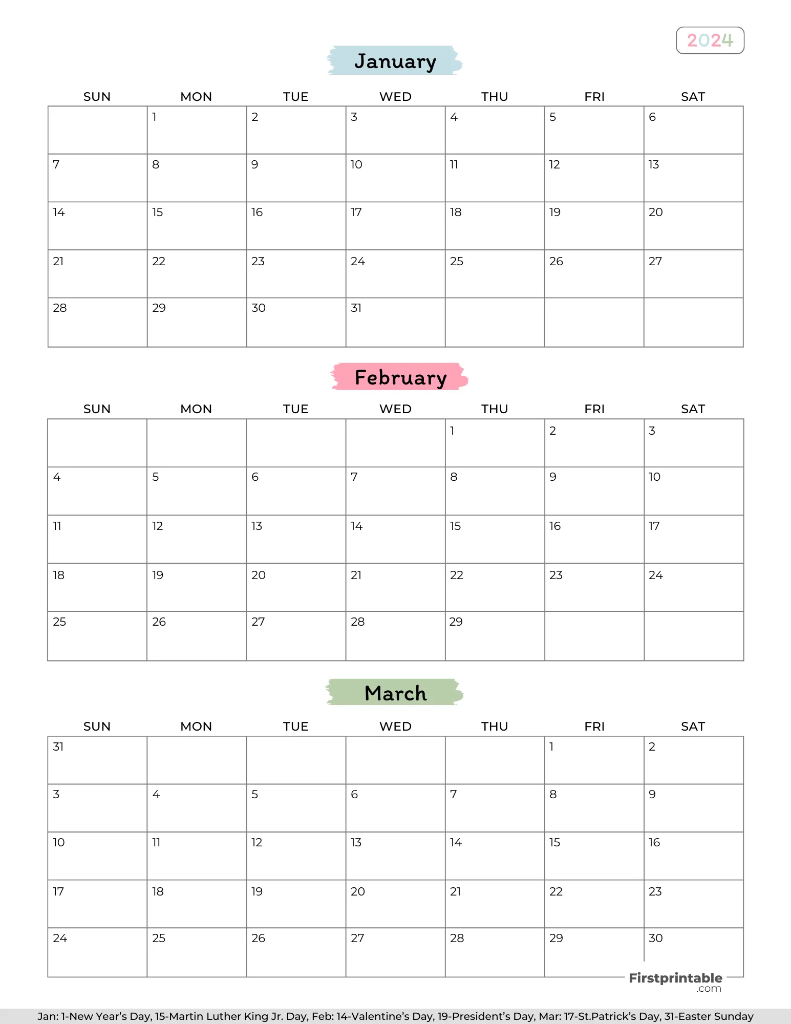 Three month Printable Calendar with holidays 2024 Q1 - Template 05