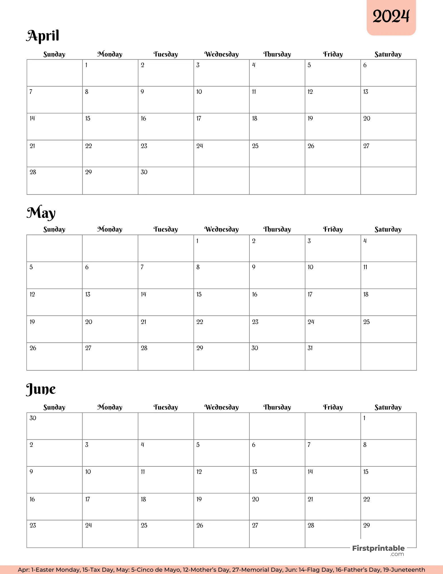 Three month Printable Calendar with holidays 2024 Q2 - Template 03