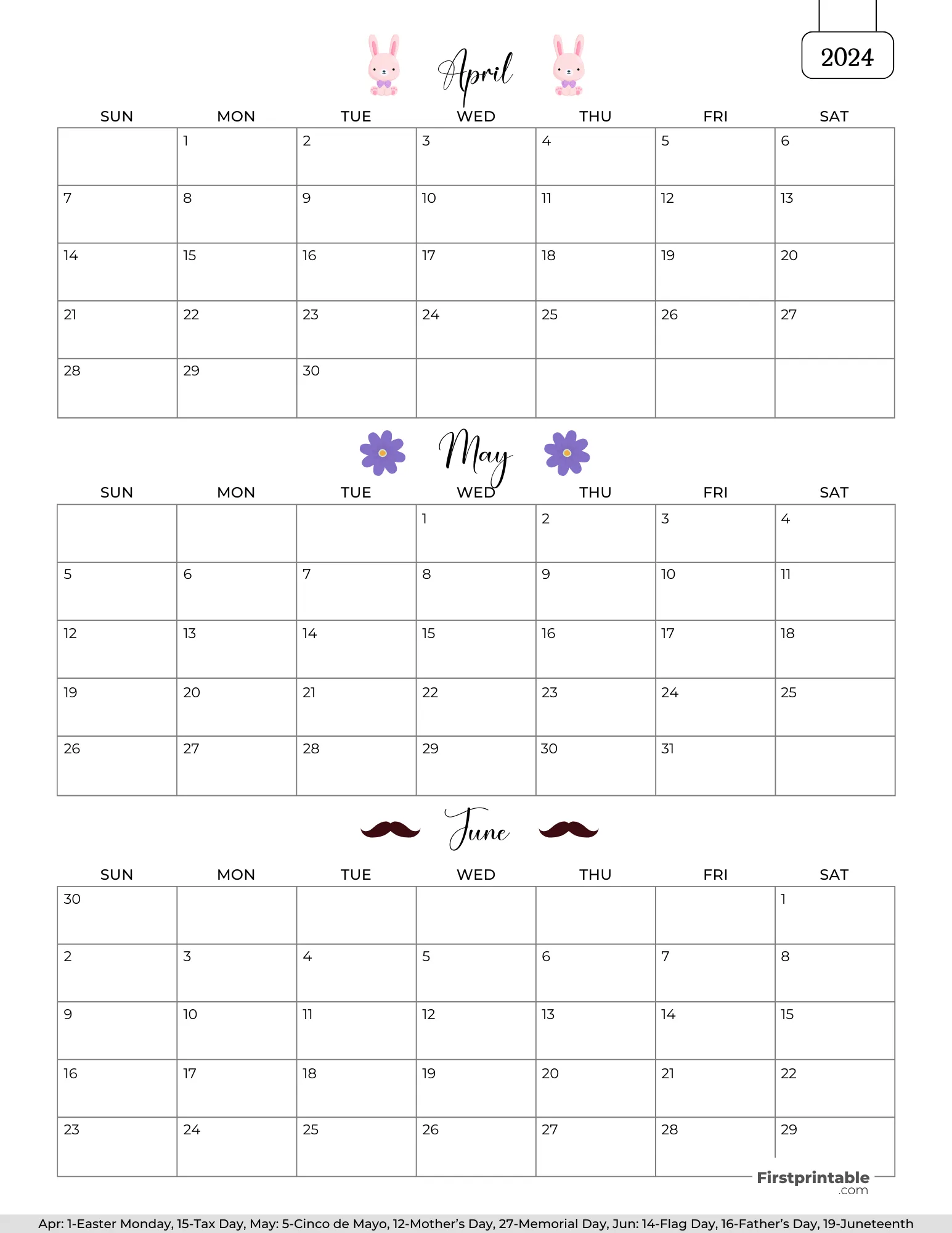Three month Printable Calendar with holidays 2024 Q2 - Template 04